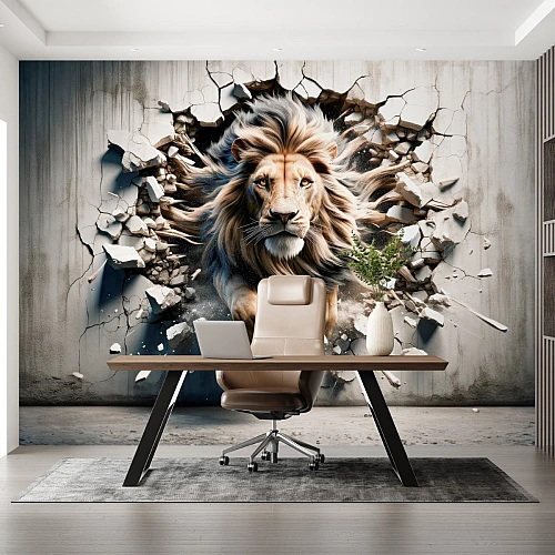 3D Lion Wall Mural – Cracked Concrete Breakthrough Modern Animal Wallpaper