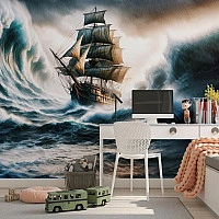 Stormy Sea Ship Wall Mural – Dramatic Ocean Waves Sailing Design