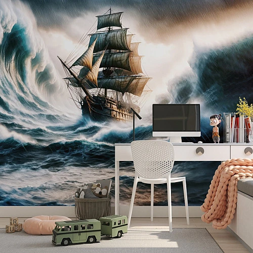 Stormy Sea Ship Wall Mural – Dramatic Ocean Waves Sailing Design