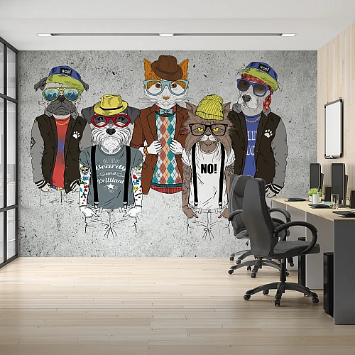 Hipster Animal Wall Mural – Urban Cartoon Pets Graffiti Wallpaper for Office