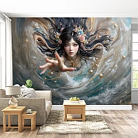 Fantasy Woman Wall Mural – Surreal Flowing Art Portrait Design
