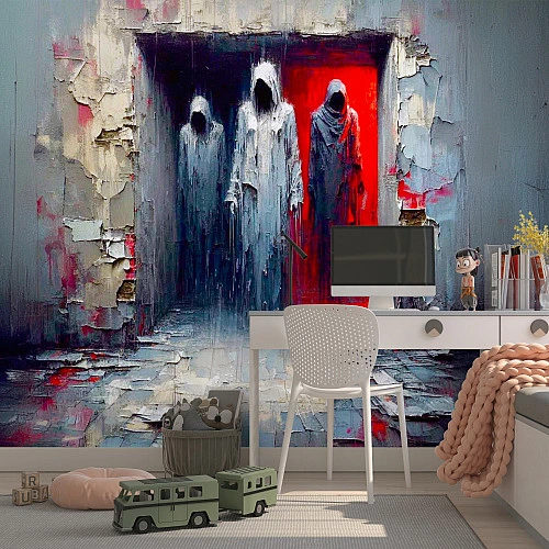 Abstract Horror Door Wall Mural – Dark Figures Red Portal Design