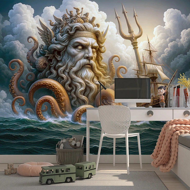 Poseidon Ocean Wall Mural – Mythological Sea God & Ship Design Poseidon Ocean Wall Mural – Mythological Sea God & Ship Design