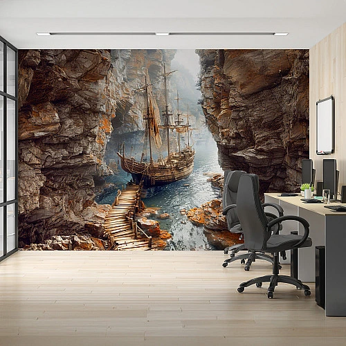 Hidden Harbor Ship Wall Mural – Cliff Passage Nautical Design