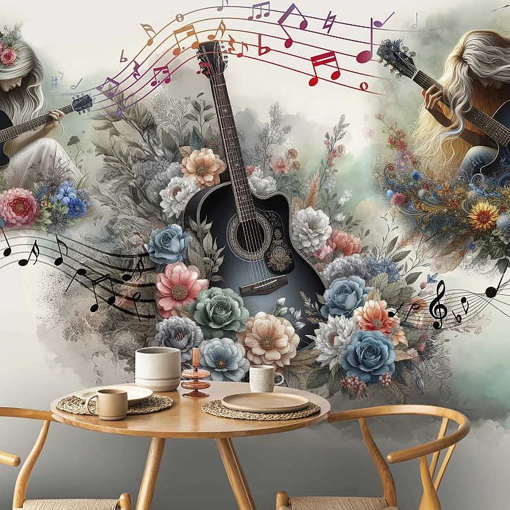 Guitar Floral Wall Mural – Artistic Music Theme Design Guitar Floral Wall Mural – Artistic Music Theme Design
