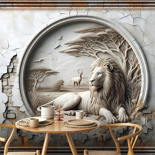 Lion Safari Wall Mural – 3D Wildlife Arch Relief Design
