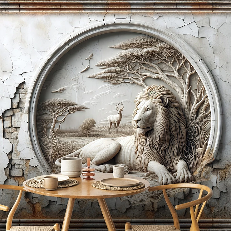 Lion Safari Wall Mural – 3D Wildlife Arch Relief Design