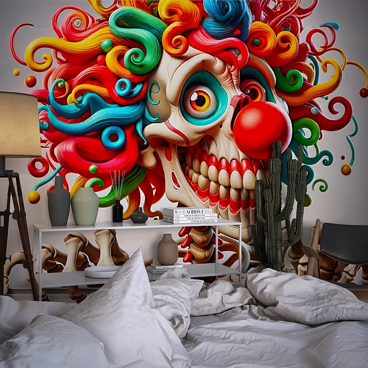 Colorful Skull Clown Wall Mural – Bold Urban Pop Art Design Colorful Skull Clown Wall Mural – Bold Urban Pop Art Design