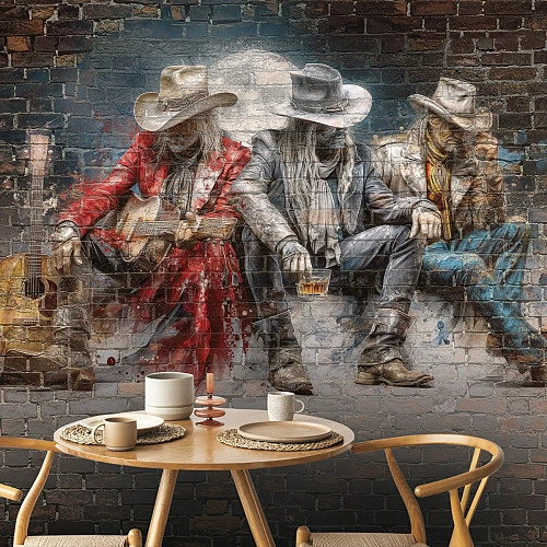 Cowboy Music Wall Mural – Rustic Western Brick Art Design
