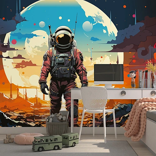 Astronaut Space Wall Mural – Colorful Sci-Fi Adventure Kids Room Design