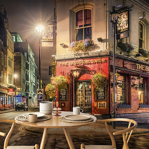 Vintage London Street Wall Mural – Cozy Night City Pub Design