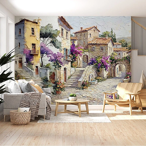 Mediterranean Village Wall Mural – Artistic European Street Painting Design