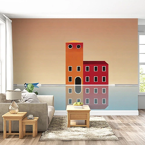 Minimal Coastal House Wall Mural – Modern Reflection Art Design