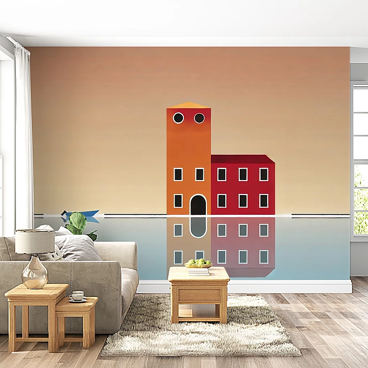 Minimal Coastal House Wall Mural – Modern Reflection Art Design