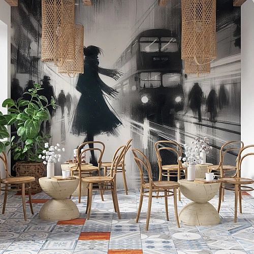 Vintage London Street Wall Mural – Black White Urban Art Design
