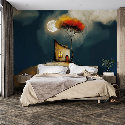 Dreamy Night House Wall Mural – Artistic Moonlight Landscape Design