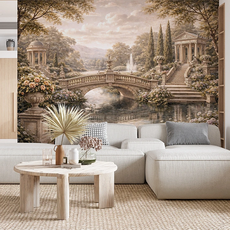 Classic Garden Bridge Wall Mural – Elegant European Landscape Design