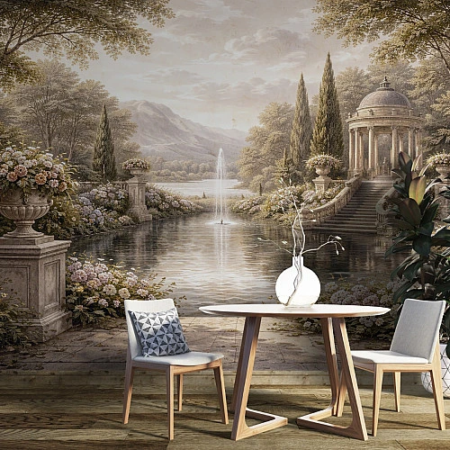 Classical Garden Lake Wall Mural – Elegant Vintage Landscape Design
