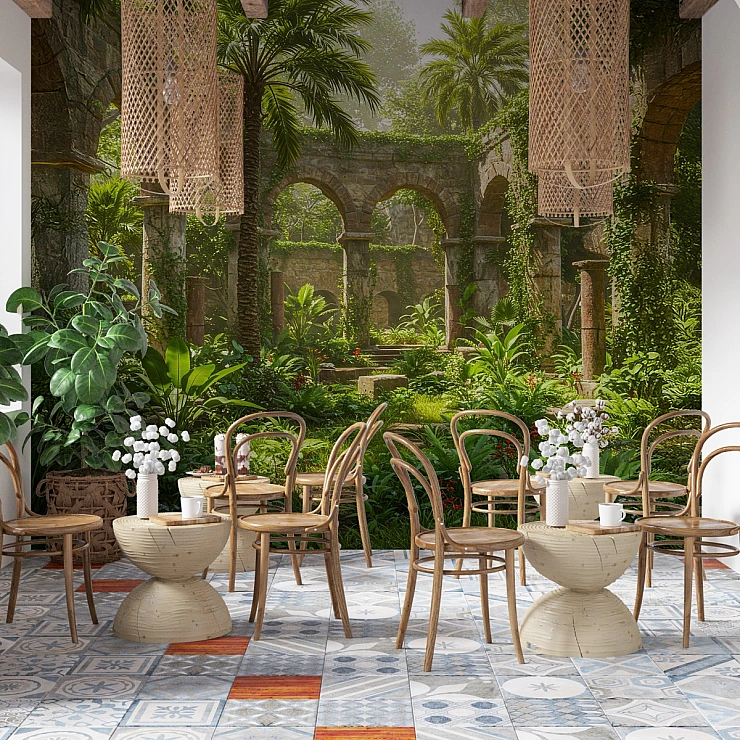 Tropical Courtyard Ruins Wall Mural – Elegant Jungle Patio Design
