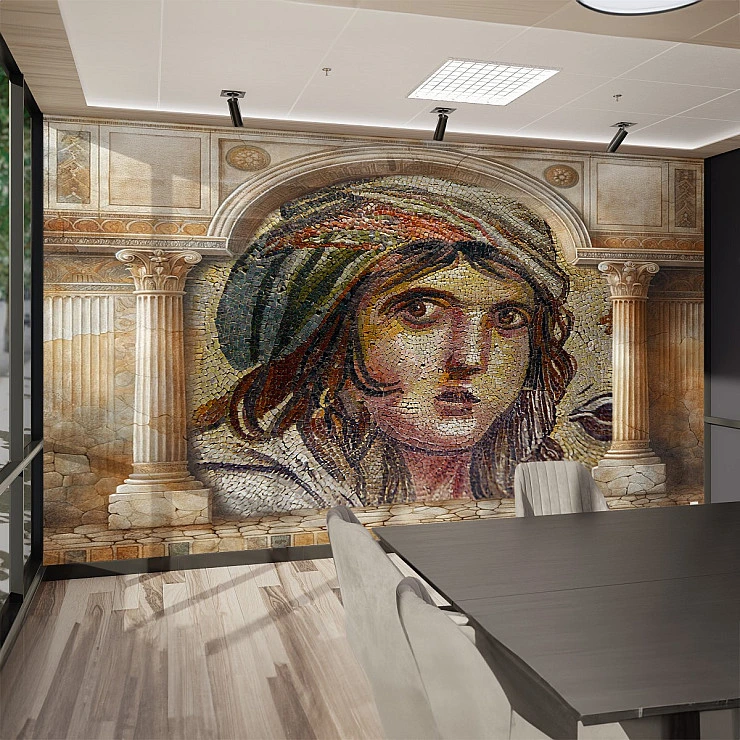 Ancient Roman Mosaic Portrait Wall Mural – Classical Architecture Art Wallpaper for Elegant Interiors