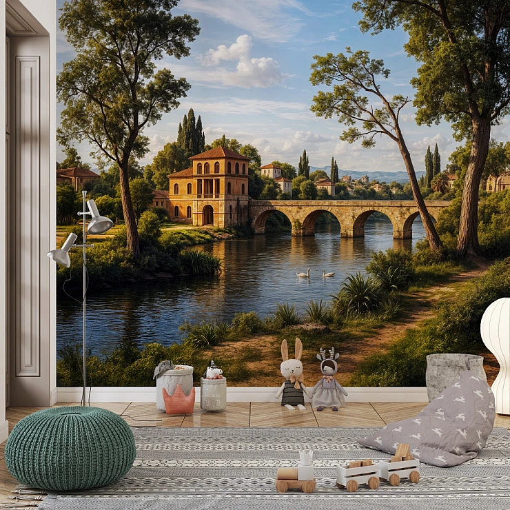 Classic Bridge Landscape Wall Mural – European Riverside Village Design