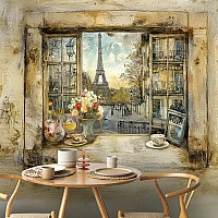 Paris Window View Wall Mural – Vintage Eiffel Tower Scene Design