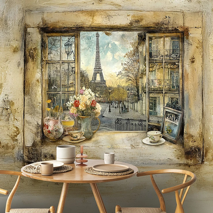 Paris Window View Wall Mural – Vintage Eiffel Tower Scene Design