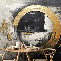 Gold Circle Abstract Wall Mural – Modern Black White Art Design