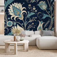 Blue Gold Floral Pattern Wall Mural – Elegant Vintage Ornament Design