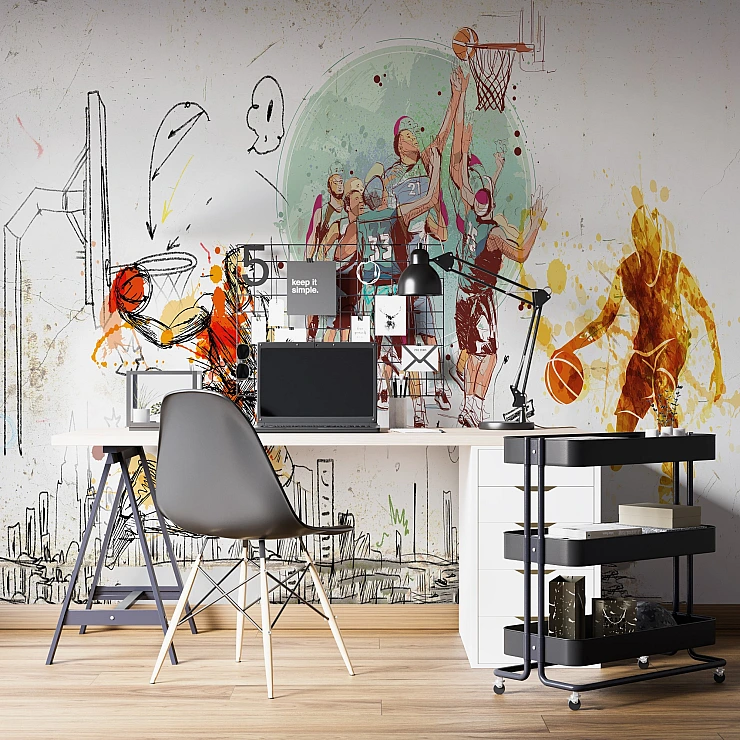 Basketball Street Art Wall Mural – Dynamic Urban Sports Sketch Design