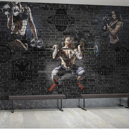 Dark Fitness Gym Wall Mural – Black Brick Workout Motivation Design