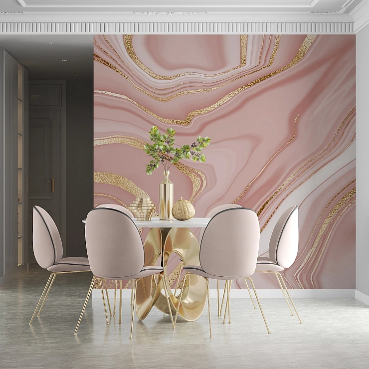 Pink Marble Wave Wall Mural – Luxury Gold Vein Abstract Design