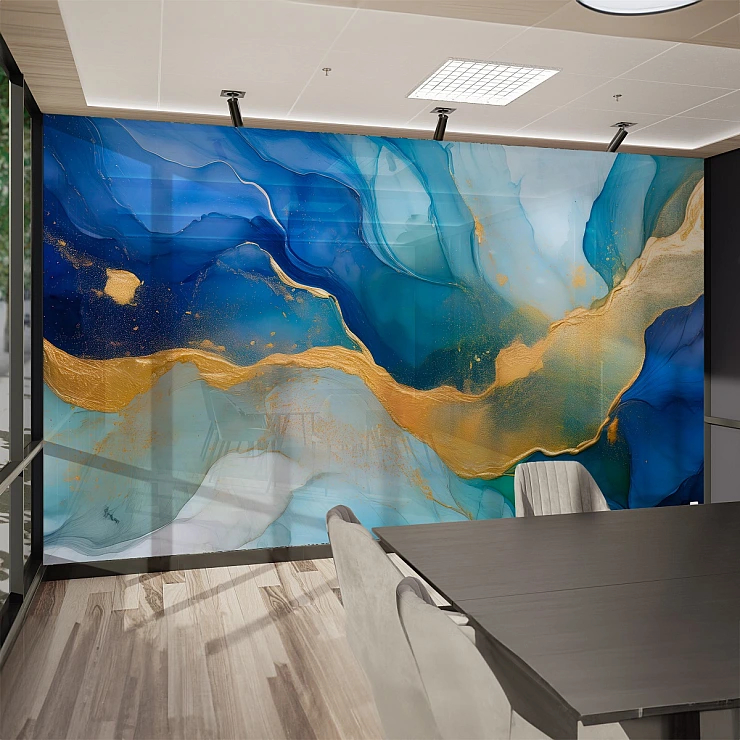 Blue Gold Abstract Marble Wall Mural – Fluid Luxury Art Design