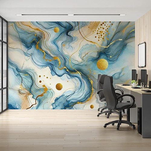 Blue Gold Marble Abstract Wall Mural – Fluid Luxury Art Design
