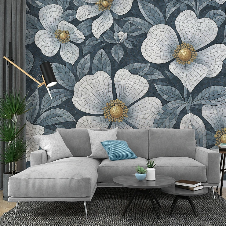 Blue Floral Mosaic Wall Mural – Elegant Botanical Pattern Design
