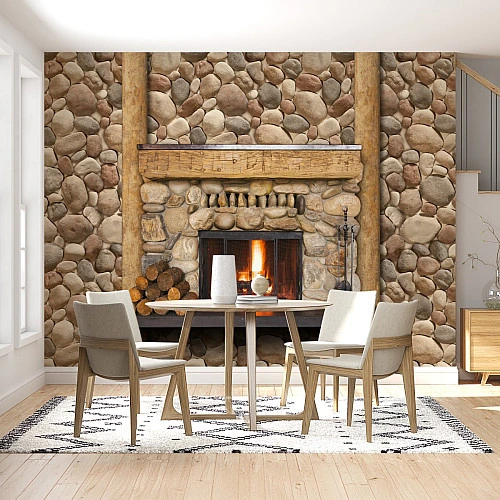 Rustic Fireplace Stone Wall Mural – Cozy Cabin Rock Design