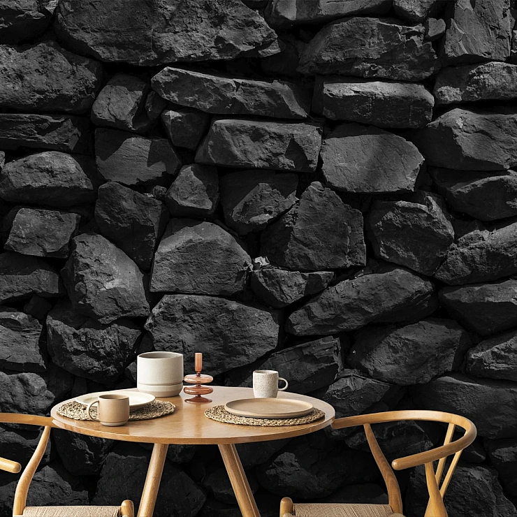 Black Stone Wall Mural – Dark Rustic Rock Texture Design