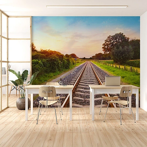 Railway Track Perspective Wall Mural – Sunset Landscape Depth Design