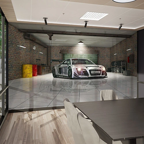 Sports Car Garage Wall Mural – Modern Automotive Interior Design
