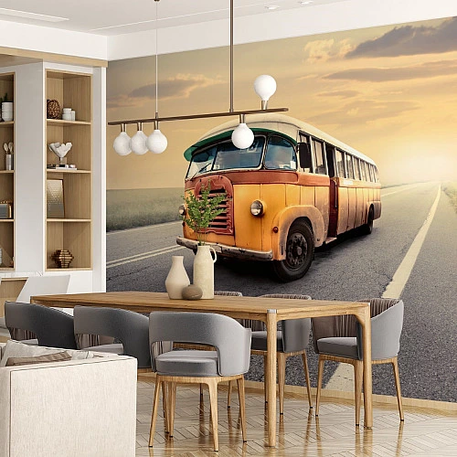 Vintage Bus Road Wall Mural – Retro Travel Landscape Design
