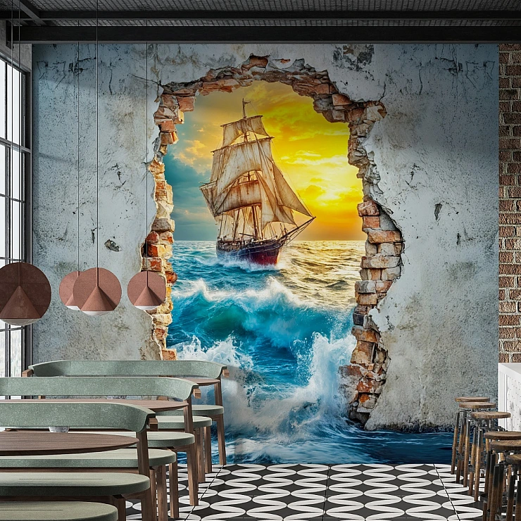 Ship Through Broken Wall Mural – Dramatic Ocean Sunset 3D Design
