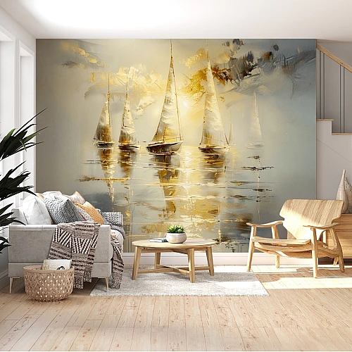 Golden Sailboat Wall Mural – Abstract Luxury Marine Art Design