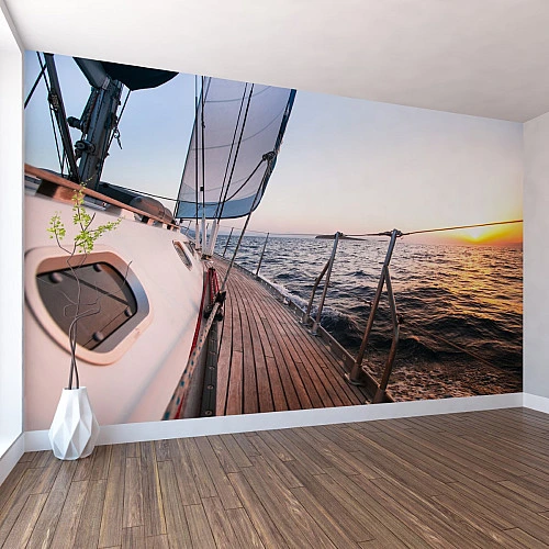 Sailing Boat Deck Wall Mural – Sunset Ocean Perspective Design
