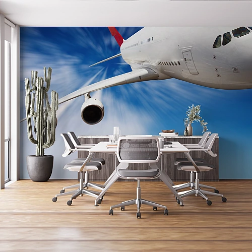 Dynamic Airplane Perspective Wall Mural – Modern Aviation Jet Wallpaper for Office & Workspace