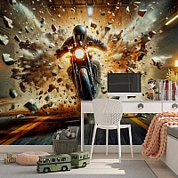 Motorcycle Action Wall Mural – Explosive Speed Rider Design