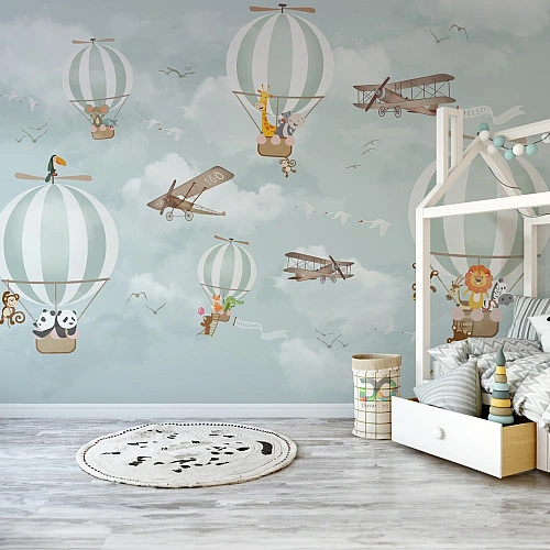 Hot Air Balloon Animal Wall Mural – Vintage Sky Kids Design
