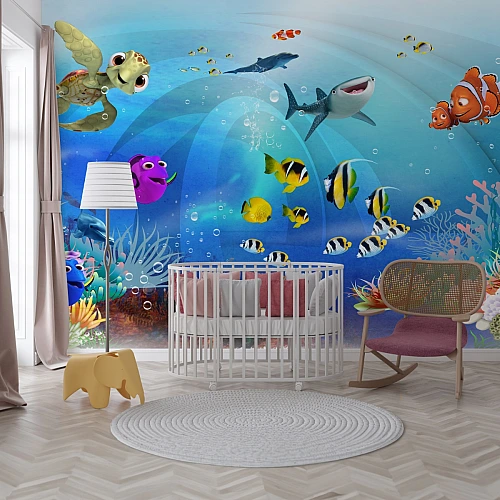 Cute Ocean Animals Kids Wall Mural – Cartoon Sea Life Nursery Wallpaper for Baby & Kids Room