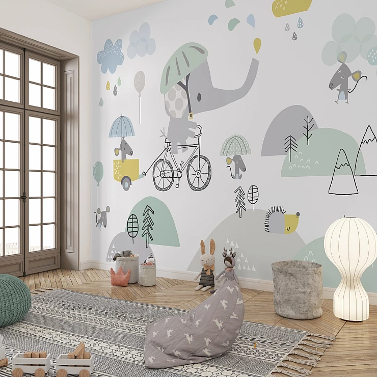 Cute Elephant Kids Wall Mural – Minimal Scandinavian Animal Design