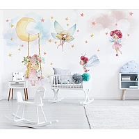 Fairy Moon Wall Mural – Pastel Starry Nursery Fantasy Design