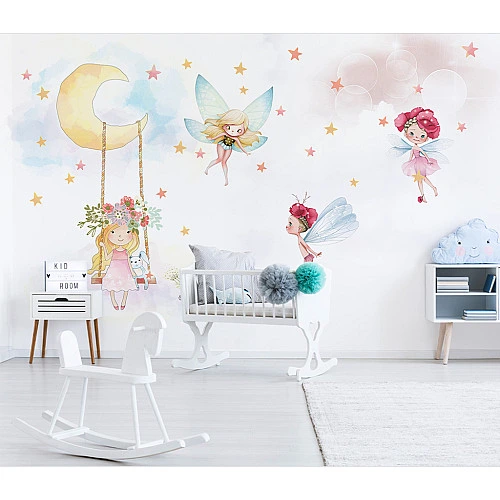 Fairy Moon Wall Mural – Pastel Starry Nursery Fantasy Design